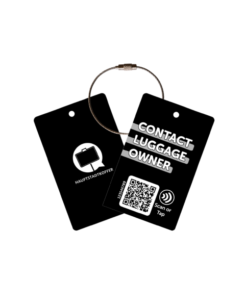 Hiddencontact Kofferschild in Dunkelblau mit QR-Code und Drahtschlaufe