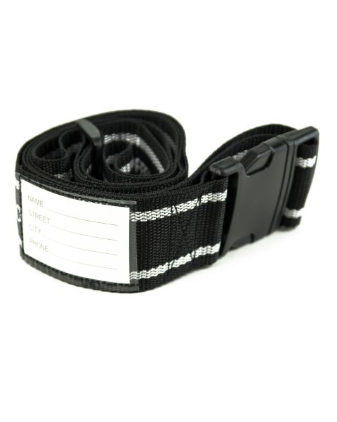 Verstellbarer Koffergurt in Schwarz/Weiß für besseren Schutz beim Reisen.